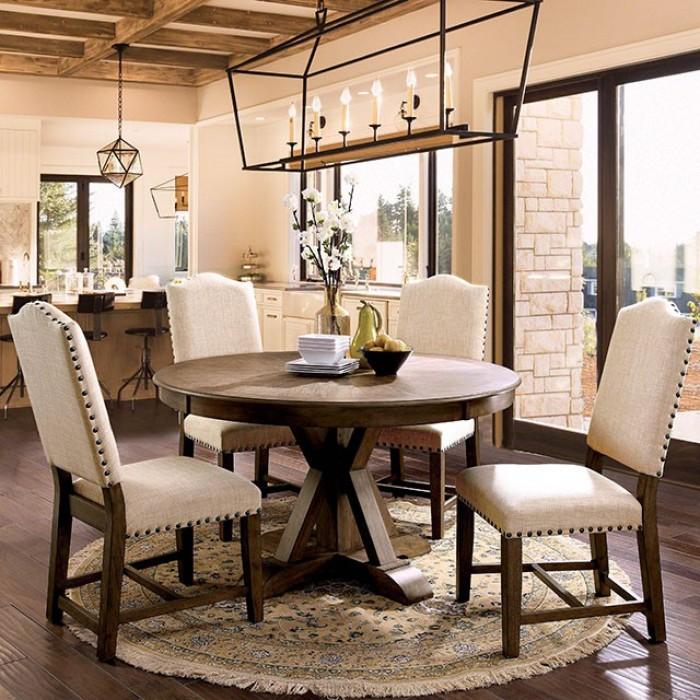 

    
Rustic Light Oak Pedestal Base Round Dining Table Furniture of America CM3014RT Julia
