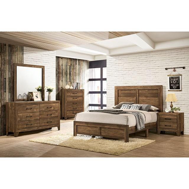 

    
Rustic Light Walnut Faux Wood Veneer 4 PCS Full Panel Bedroom Set by Furniture of America CM7912 Wentworth
