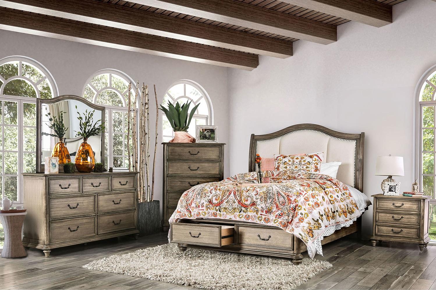 

    
Rustic Natural & Ivory Solid Wood Fabric Queen Bedroom Set 5pcs Furniture of America CM7614-Q Belgrade
