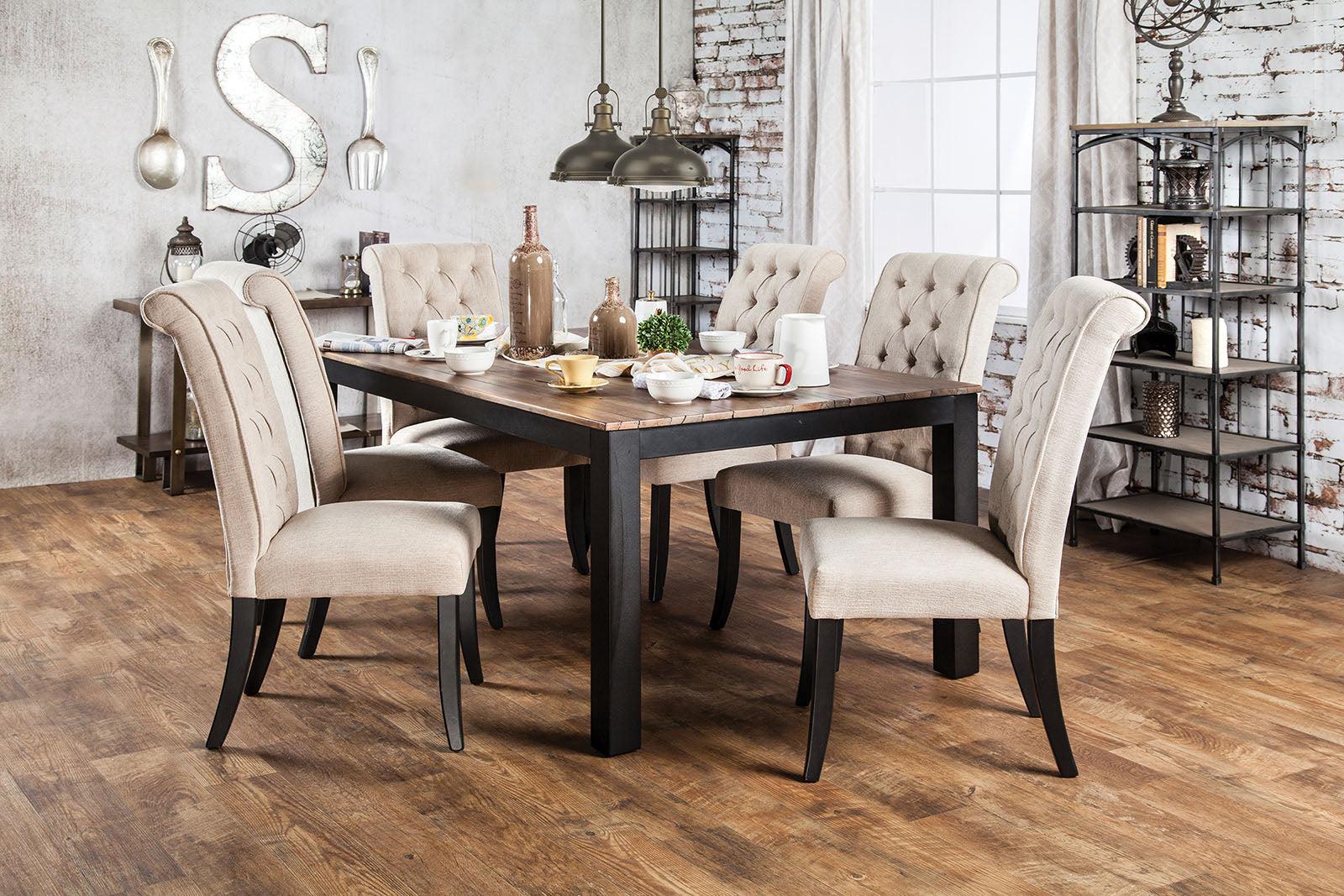 

    
Rustic Oak & Beige Solid Wood Dining Room Set 7pcs Furniture of America Marshall
