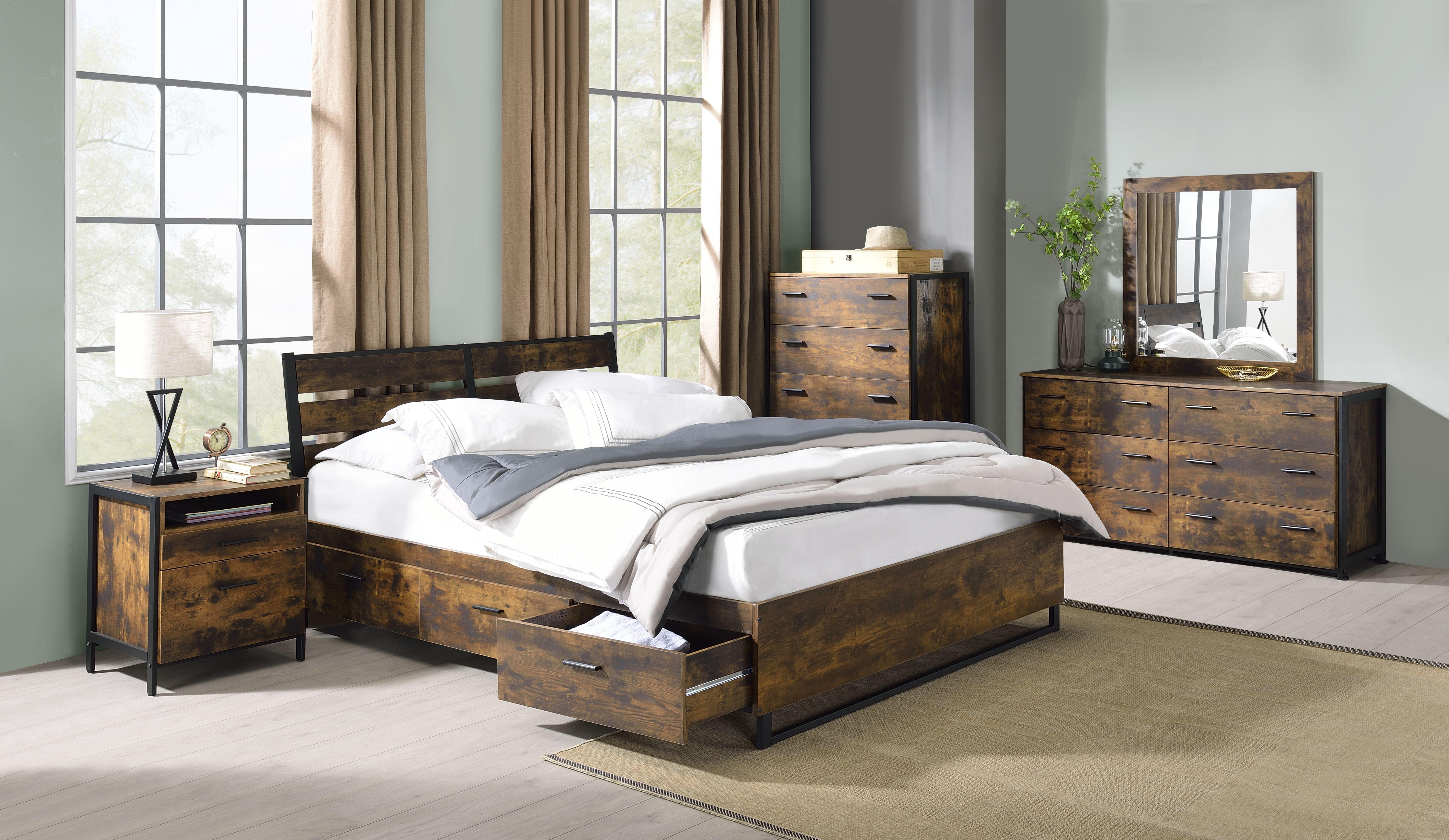 

    
 Shop  Rustic Oak & Black Finish Eastern King 3pcs Bedroom Set w/ Storage by Acme Juvanth 24257EK-3pcs
