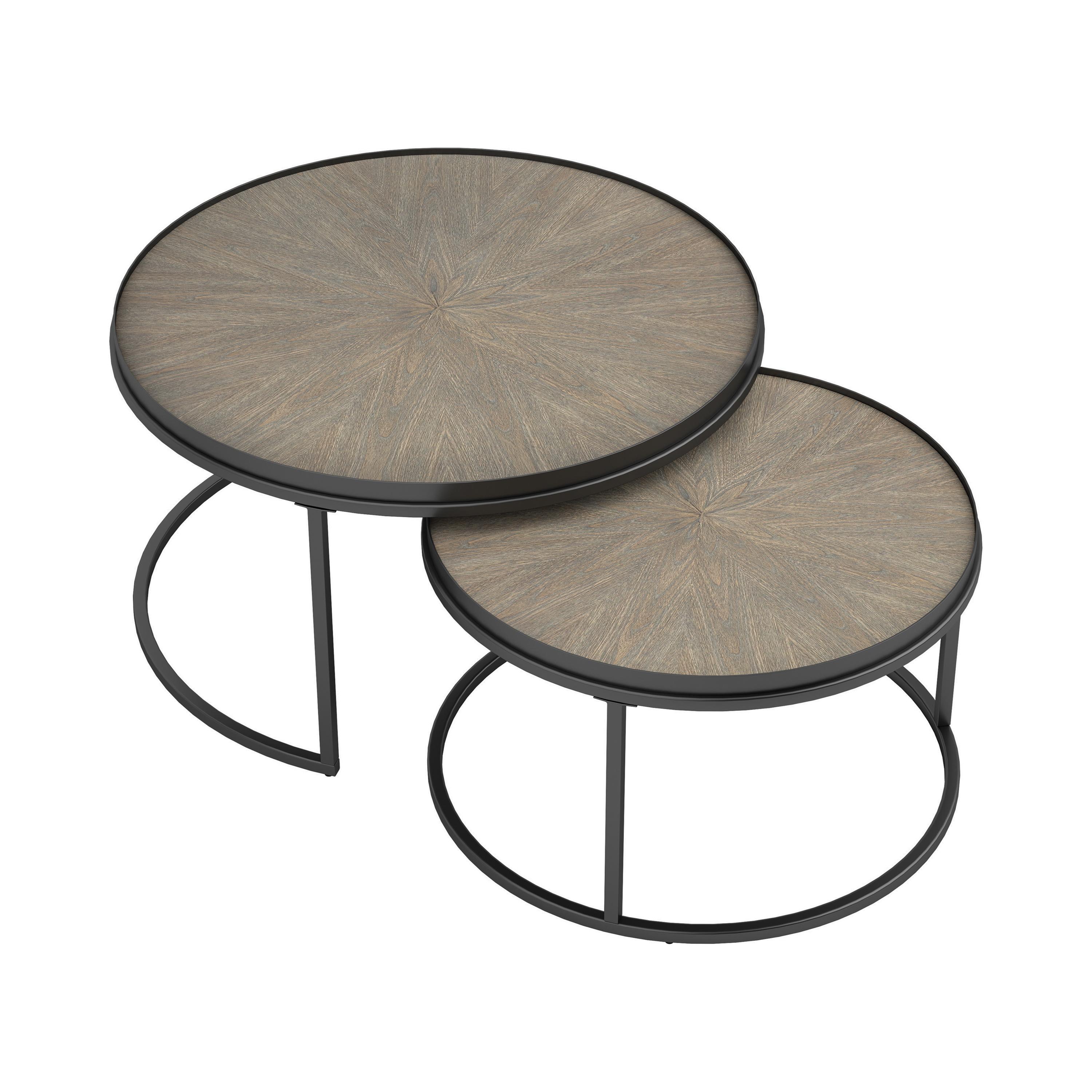 

    
Rustic Weathered Elm Wood & Metal Nesting Tables Set 2pcs Coaster 931215

