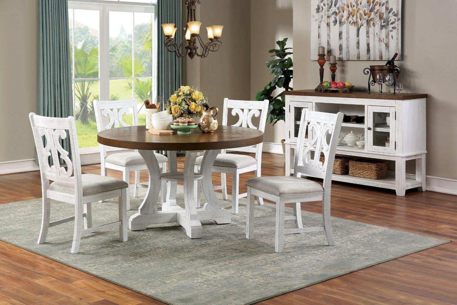 

    
Rustic White & Dark Oak Solid Wood Round Dining Table Set 7pcs Furniture of America CM3417RT Auletta
