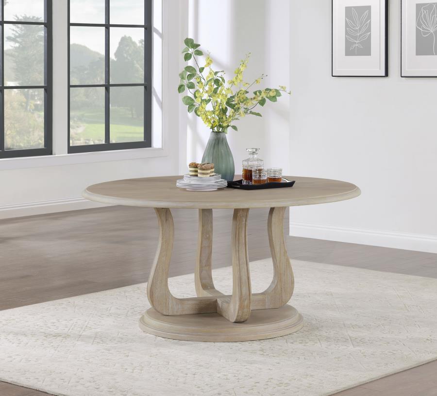 

    
Rustic White Washed Wood Round Dining Table Coaster Trofello 123120
