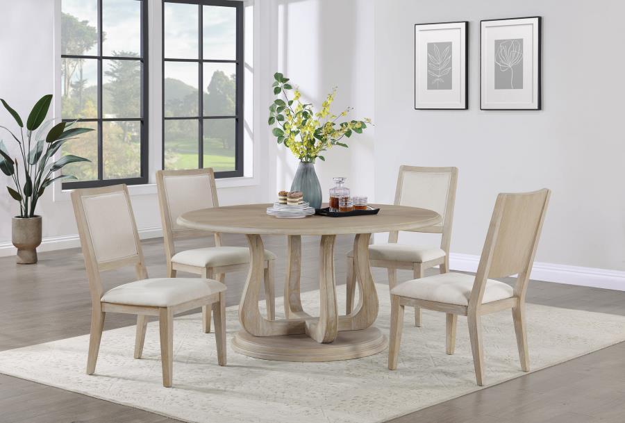 

    
Rustic White Washed Wood Round Dining Table Set 5PCS Coaster Trofello 123120

