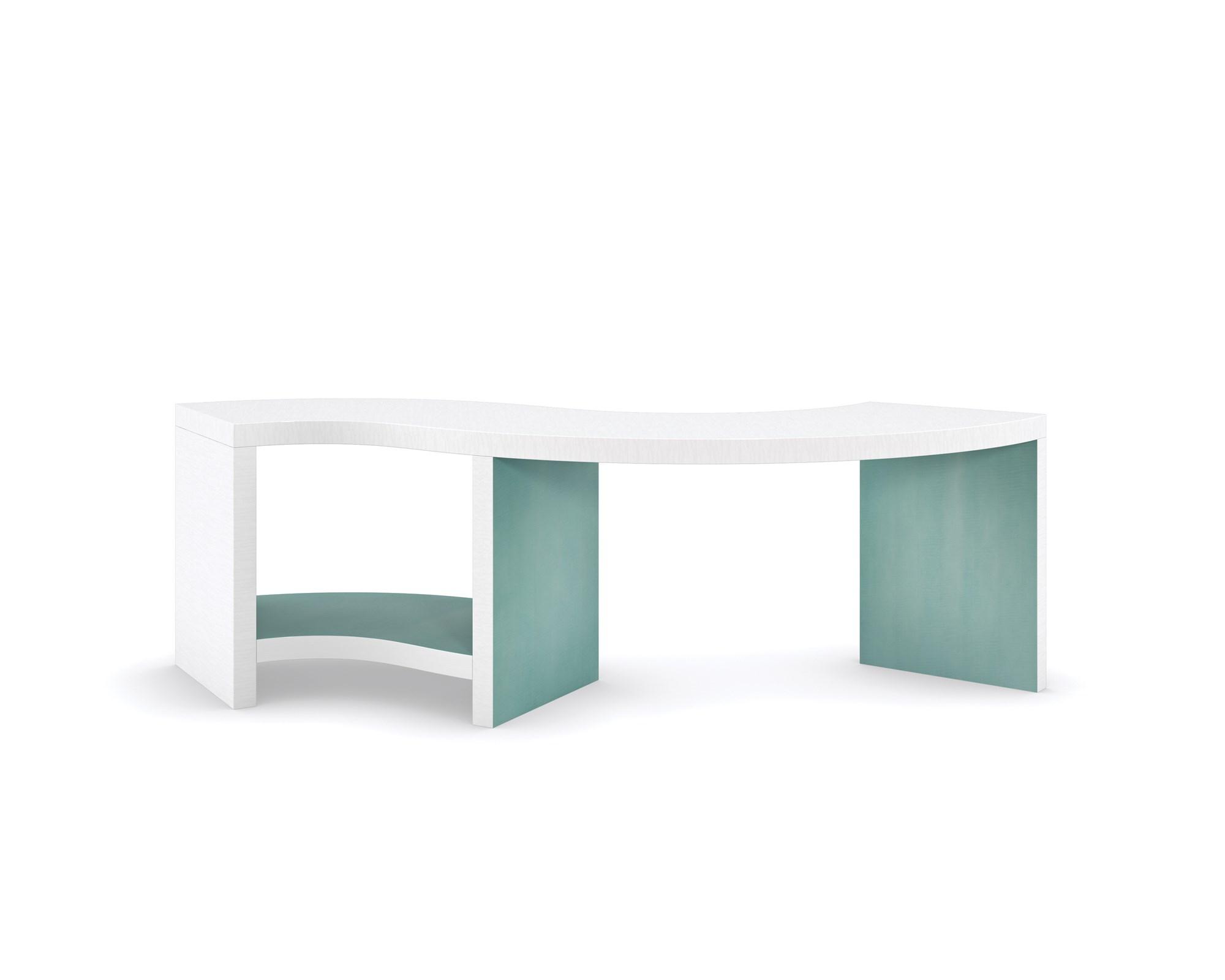 

    
S Shape Lucent White & Oasis Finish Coffee Table OVER FLOW by Caracole
