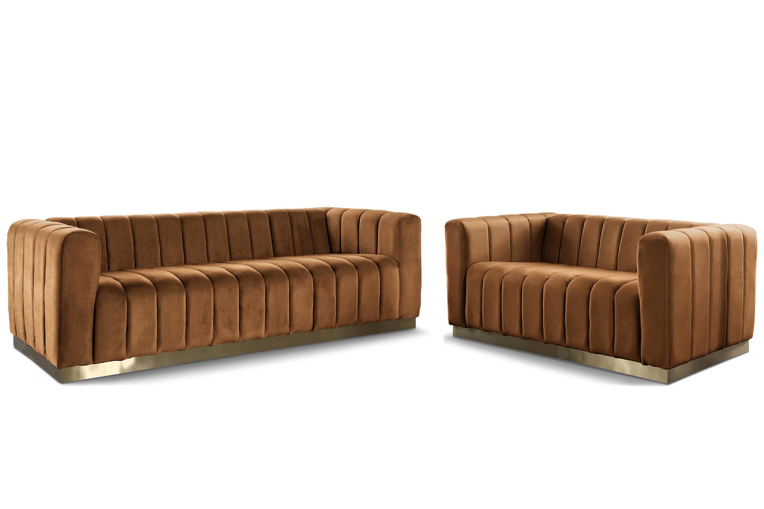 Contemporary Sofa Set MARLON 603Saddle-S-Set-2 603Saddle-S-Set-2 in Saddle, Gold Velvet