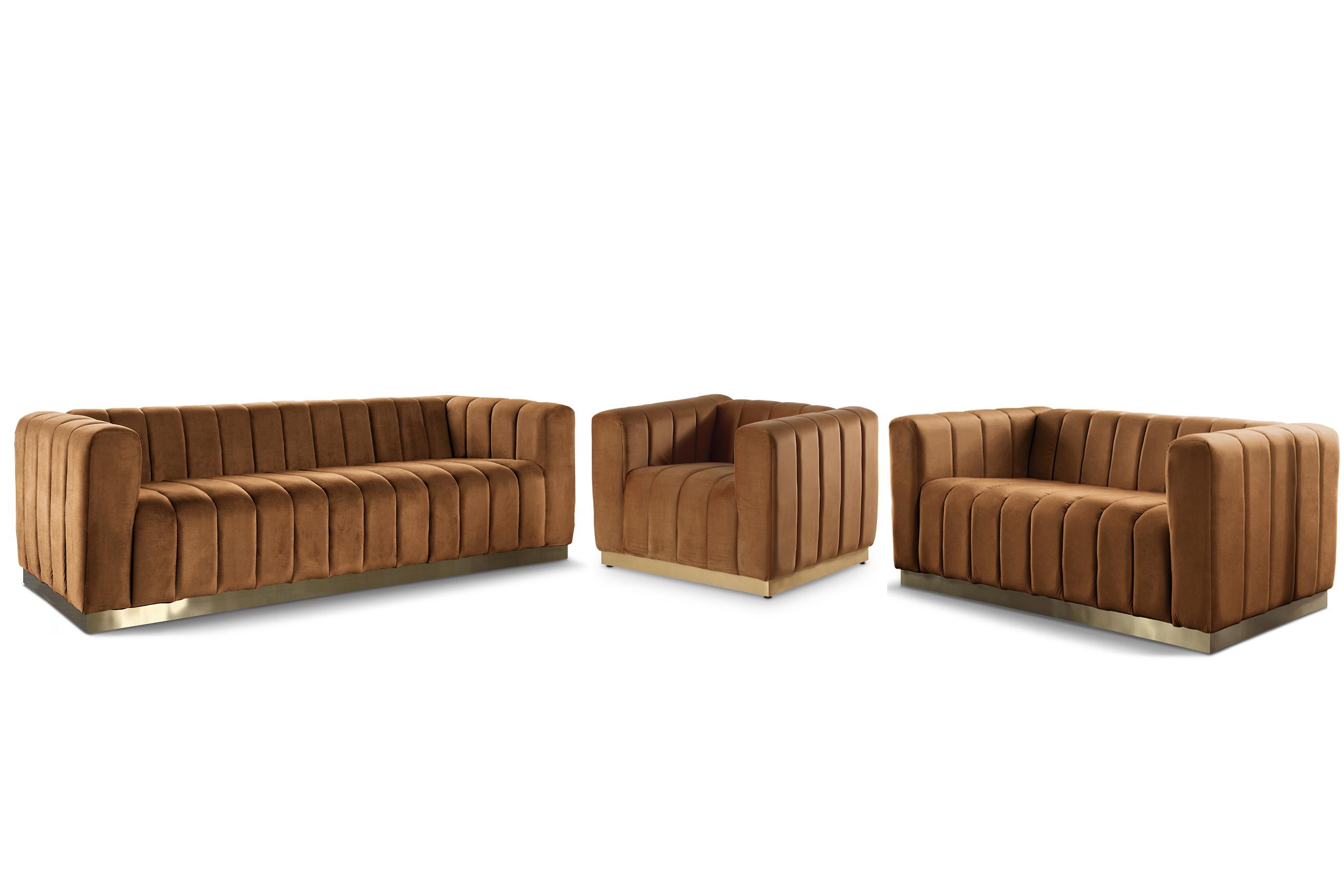 

    
Saddle Velvet Channel Tufted Sofa Set 3Pcs MARLON 603Saddle-S Meridian Modern

