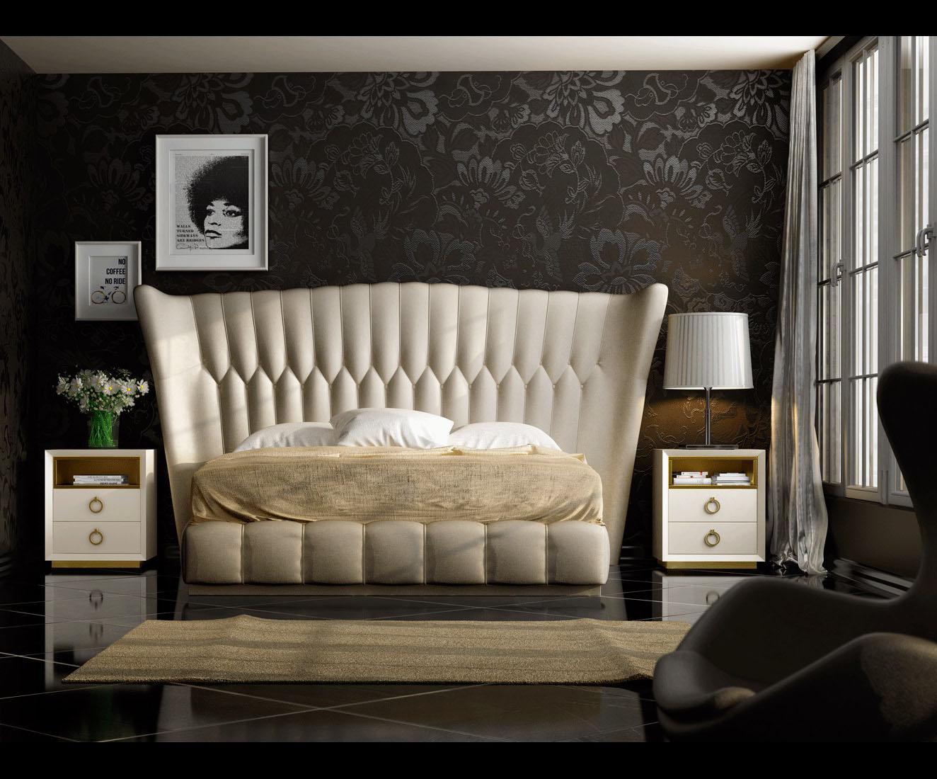 Contemporary Platform Bedroom Set Velvet Velvet-EK-2N-3PC in Cream, Sand, Gold Eco Leather