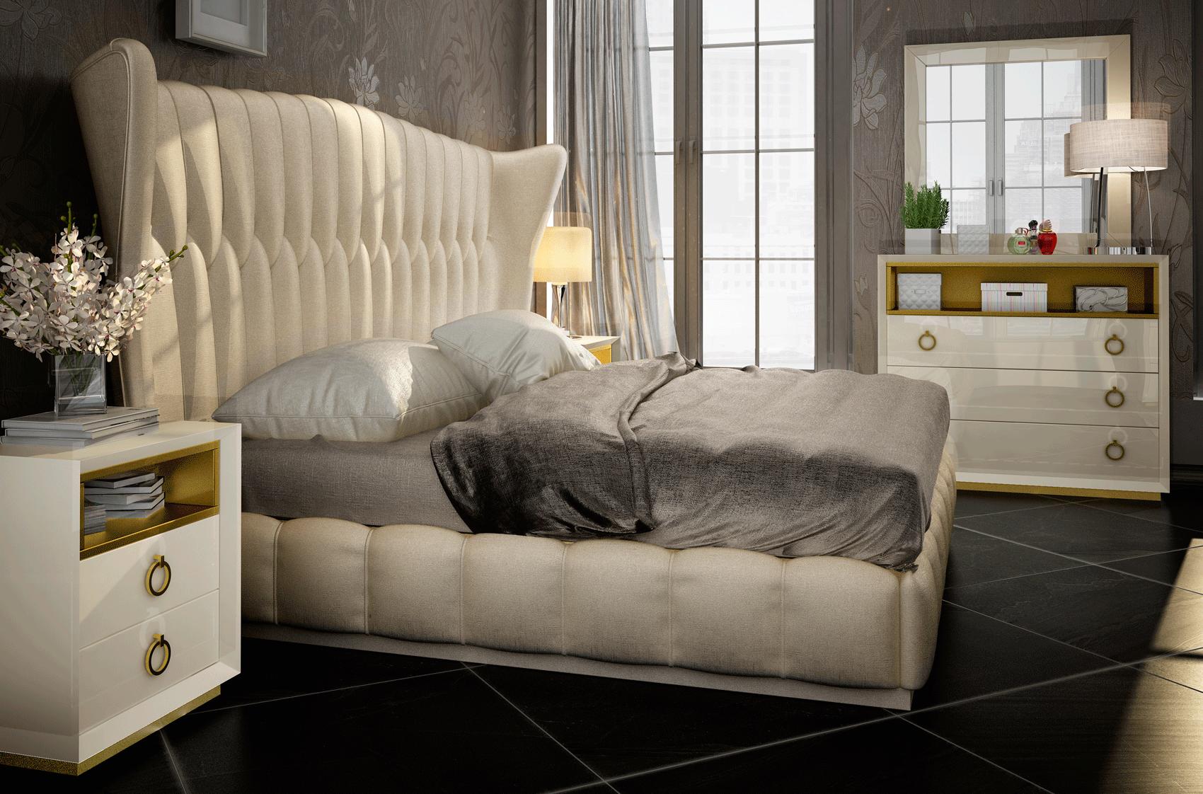 Contemporary Platform Bedroom Set Velvet Velvet-EK-2NDM-5PC in Cream, Sand, Gold Eco Leather