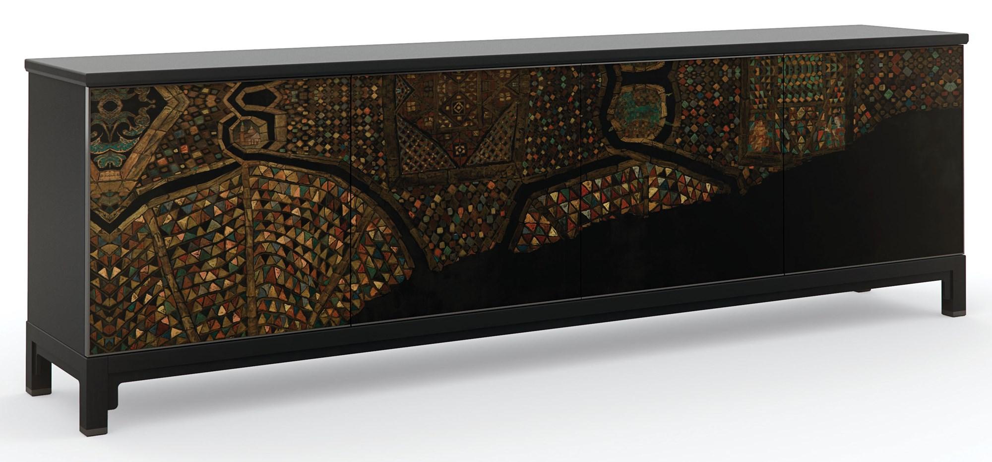 

    
Satin Ebony Finish Inspired by Silk Road Pattern Cabinet MOSAIC by Caracole
