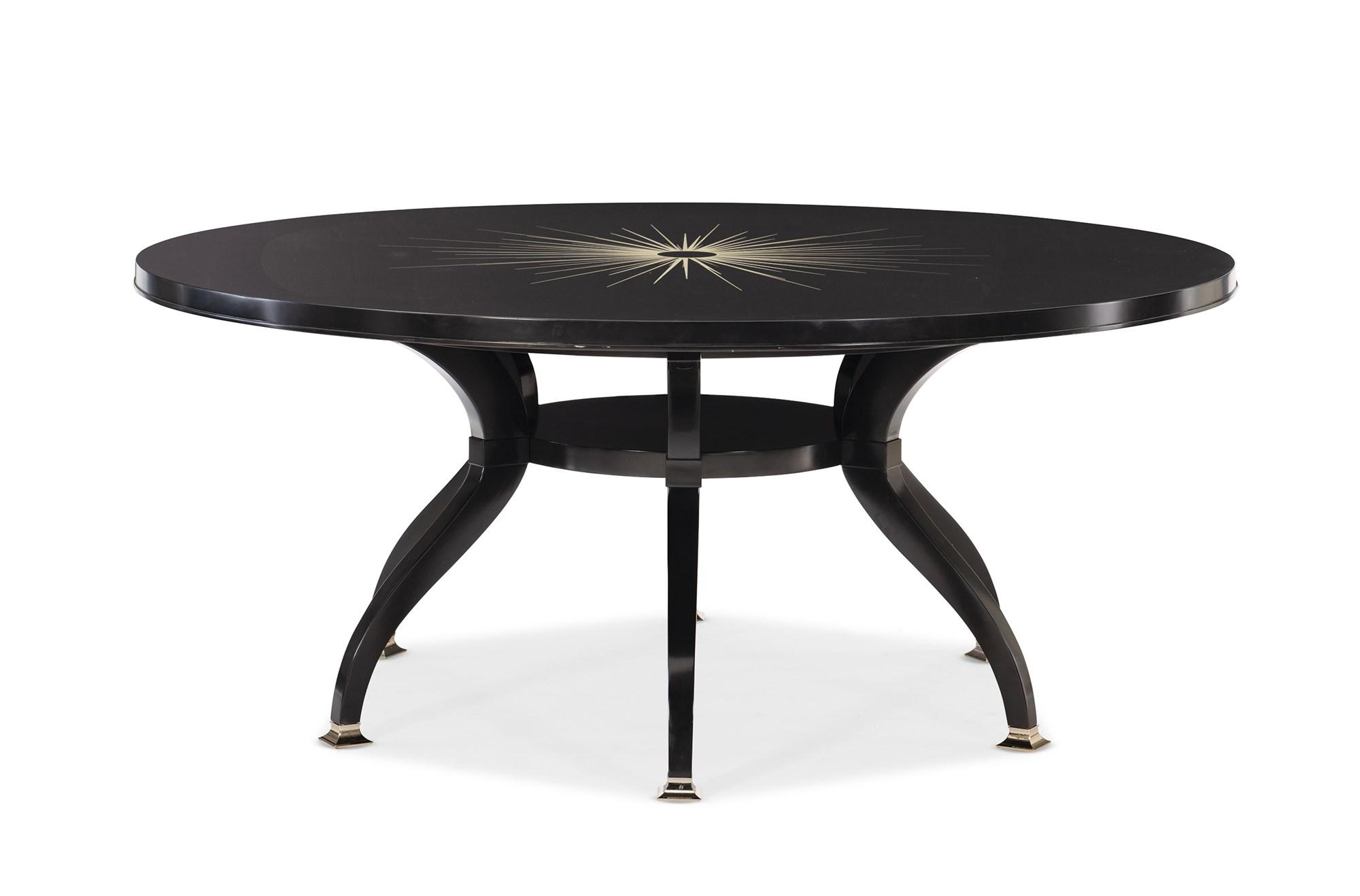 

    
Satin Ebony Silkscreened Starburst Pattern Dining Table TOTAL ECLIPSE by Caracole

