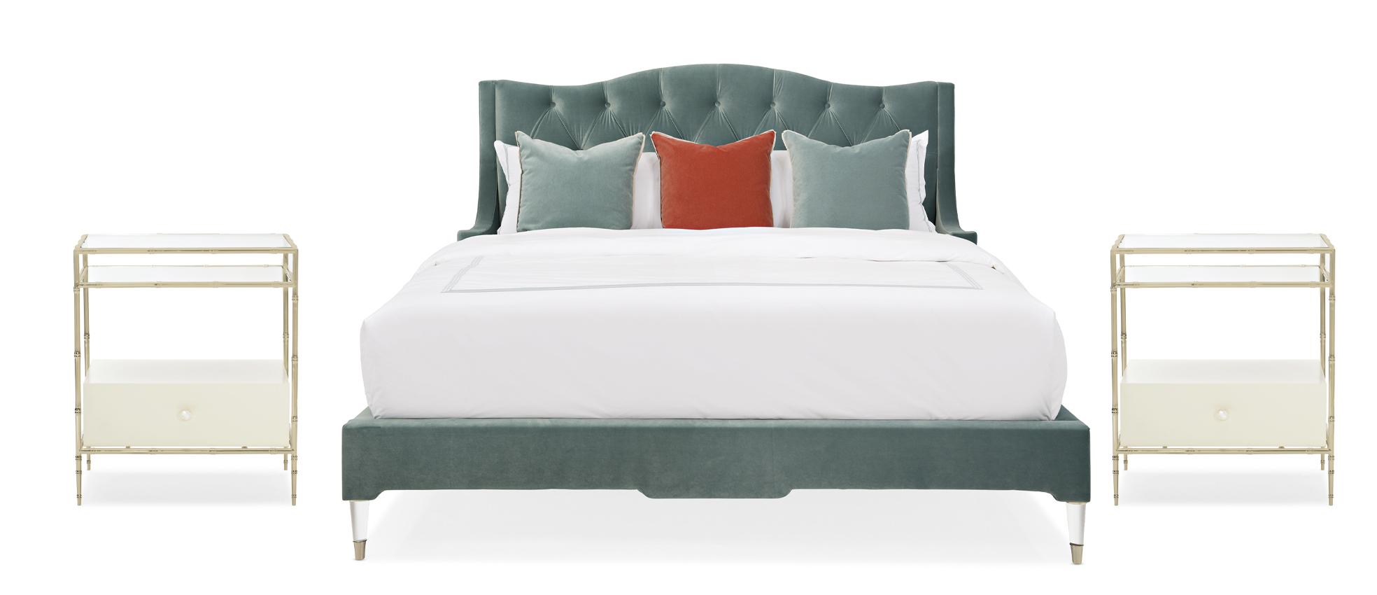 Contemporary Platform Bedroom Set DO NOT DISTURB / GIVE IT A REED CLA-419-141-Set-3 in Blue-green Velvet