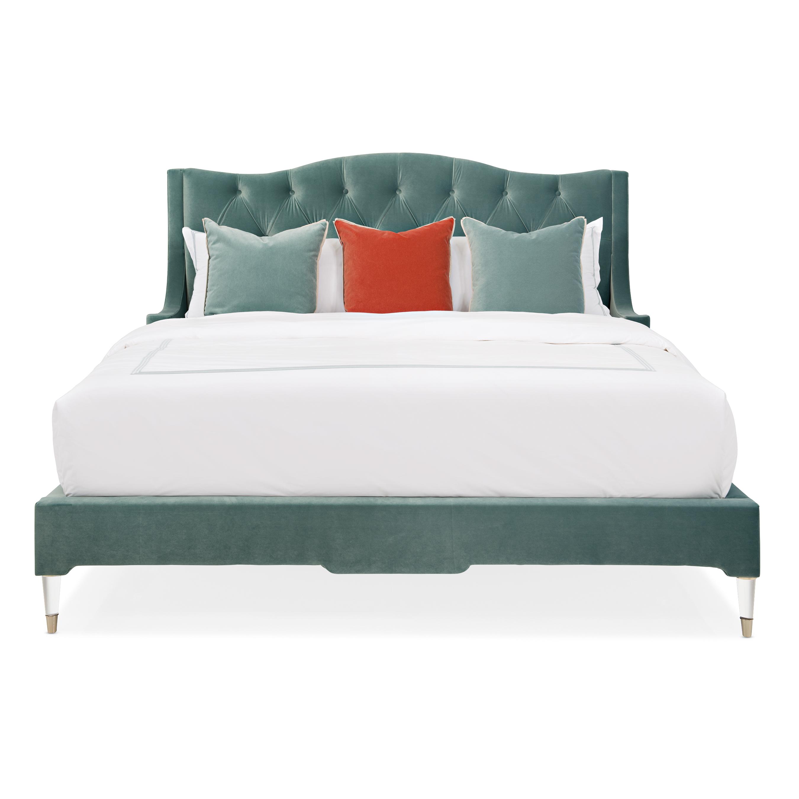 

    
Sea-Inspired Blue Velvet CAL King Size Platform Bed Do Not Disturb by Caracole
