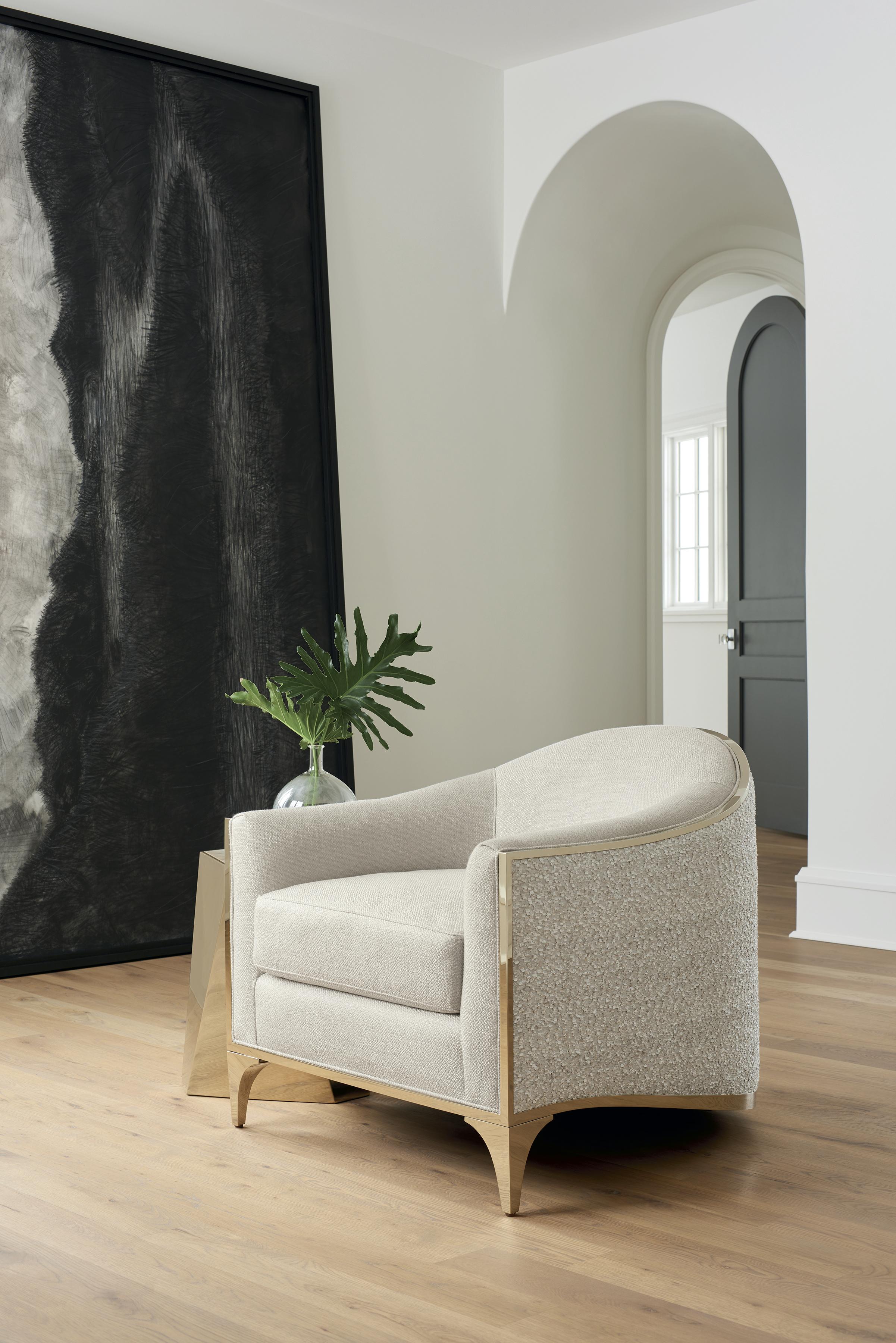 

    
Shimmering Moonstone Fabric THE WELL-BALANCED Sofa & SVELTE Chair by Caracole
