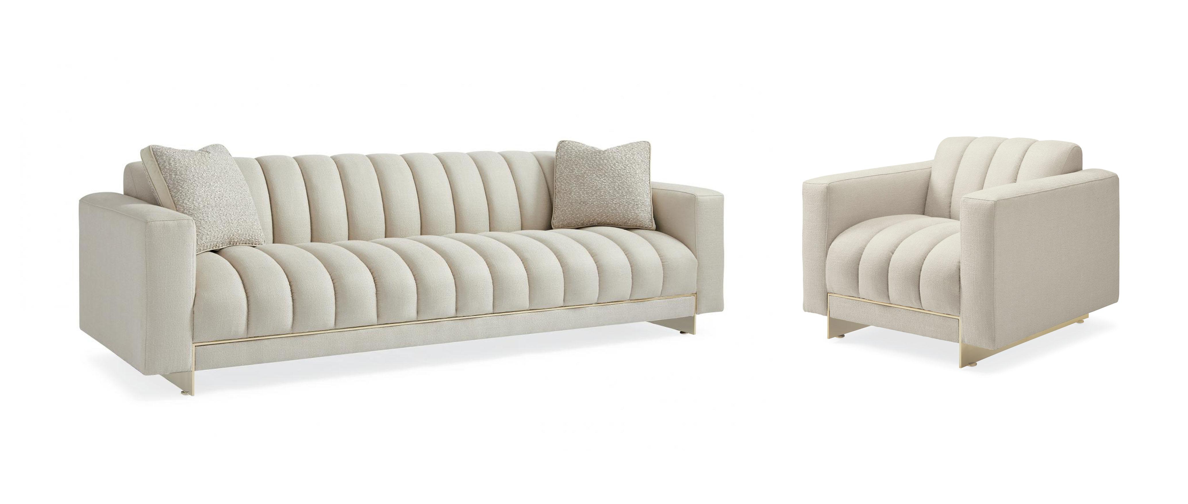 

    
Shimmering Moonstone Fabric THE WELL-BALANCED Sofa & Chair Set by Caracole
