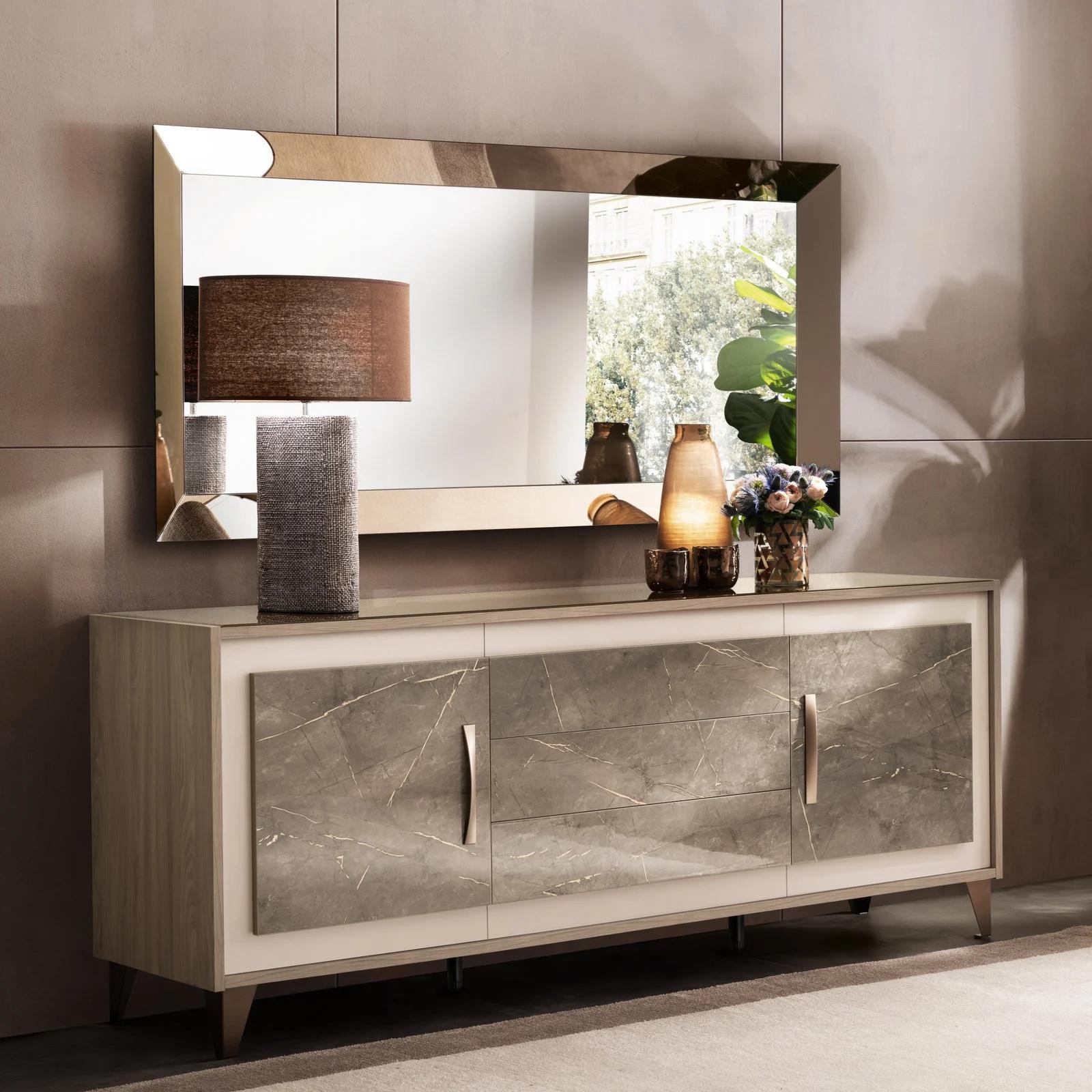 

    
Shiny Gray Marble-finish Buffet & Mirror ARREDOAMBRA ESF Modern Made in Italy

