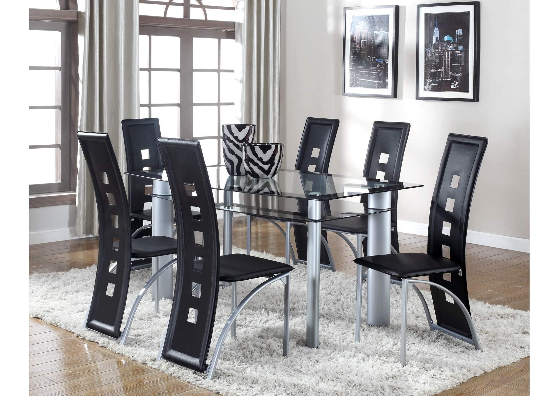 

    
Black & Silver Glass Dining Room Set by Crown Mark Echo 1170T-3660-7pcs
