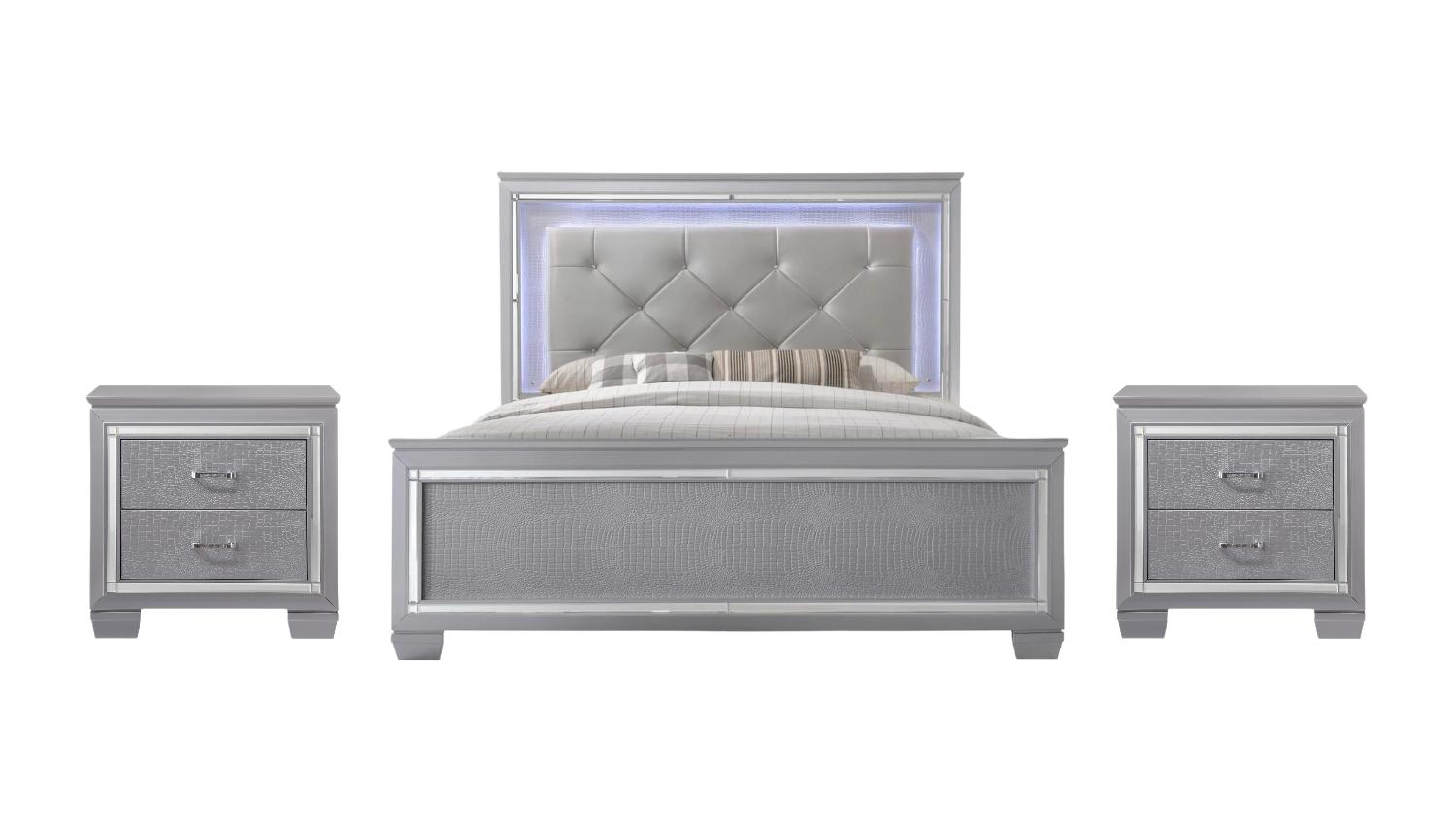 

    
Silver & Blue Panel Bedroom Set w/ LED Lights by Crown Mark Lillian B7100-K-Bed-3pcs
