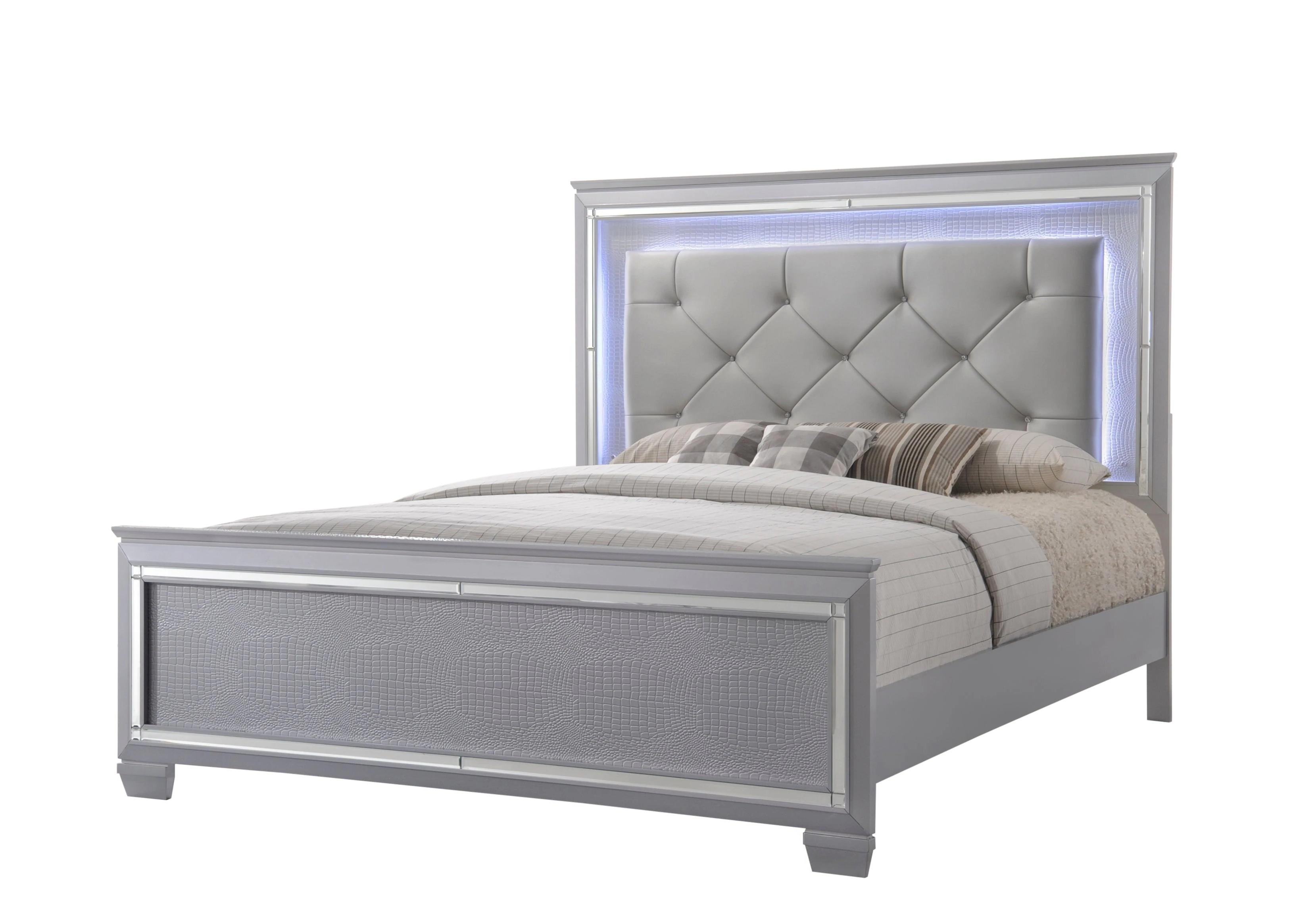 

    
Silver & Blue Panel Bedroom Set w/ LED Lights by Crown Mark Lillian B7100-K-Bed-5pcs

