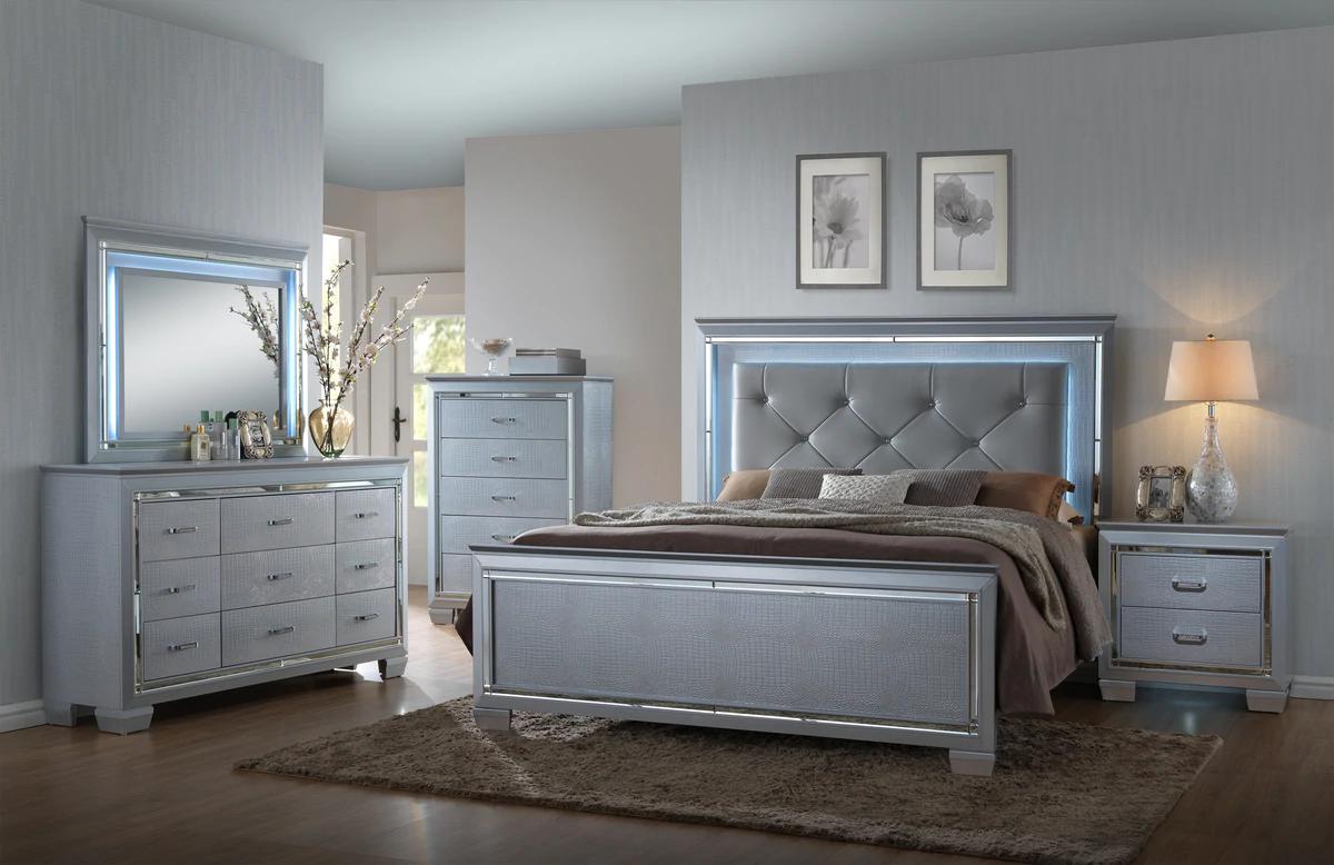 

    
Silver & Blue Panel Bedroom Set w/ LED Lights by Crown Mark Lillian B7100-K-Bed-5pcs
