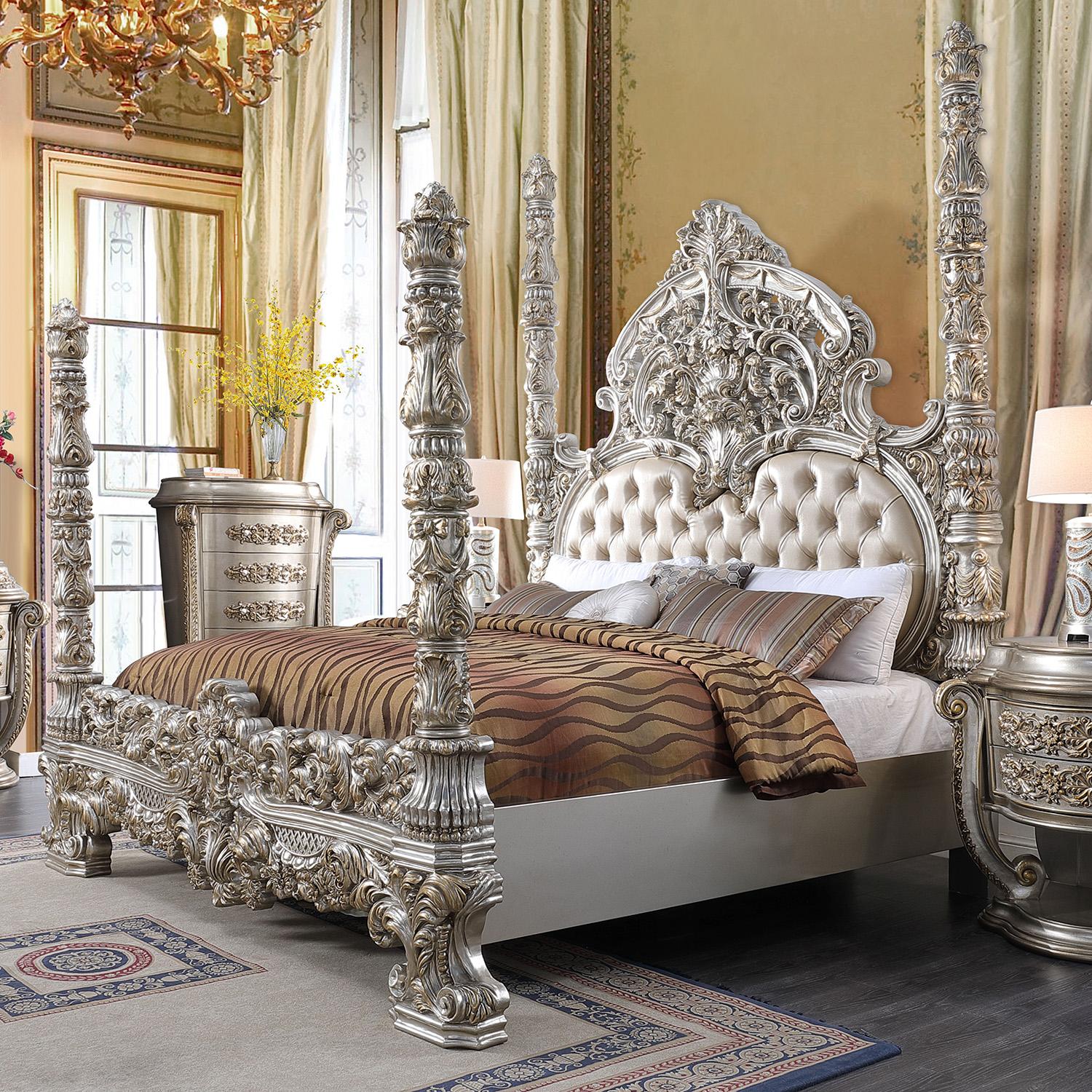 

    
Silver & Bronze Finish Tufted CAL King Poster Bed  Set 3Pcs Traditional Homey Design HD-1811
