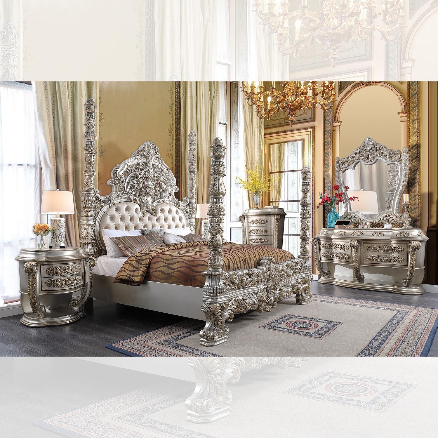 

    
HD-CK1811-3PC Silver & Bronze Finish Tufted CAL King Poster Bed  Set 3Pcs Traditional Homey Design HD-1811
