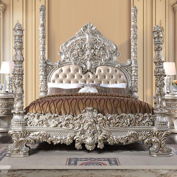 Traditional Poster Bed HD-1811 HD-CK1811 in Cream, Silver, Bronze Bonded Leather