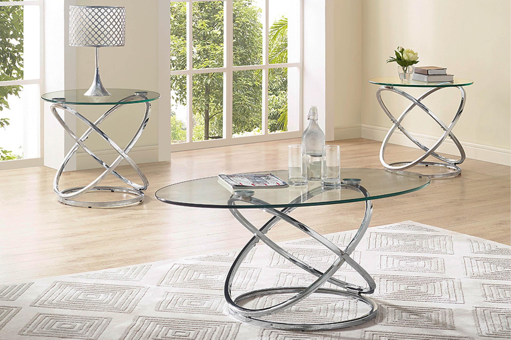 

    
Chrome & Glass Top Coffee Table Set 3Pcs ATOMIC 9672-011 Bernards Contemporary
