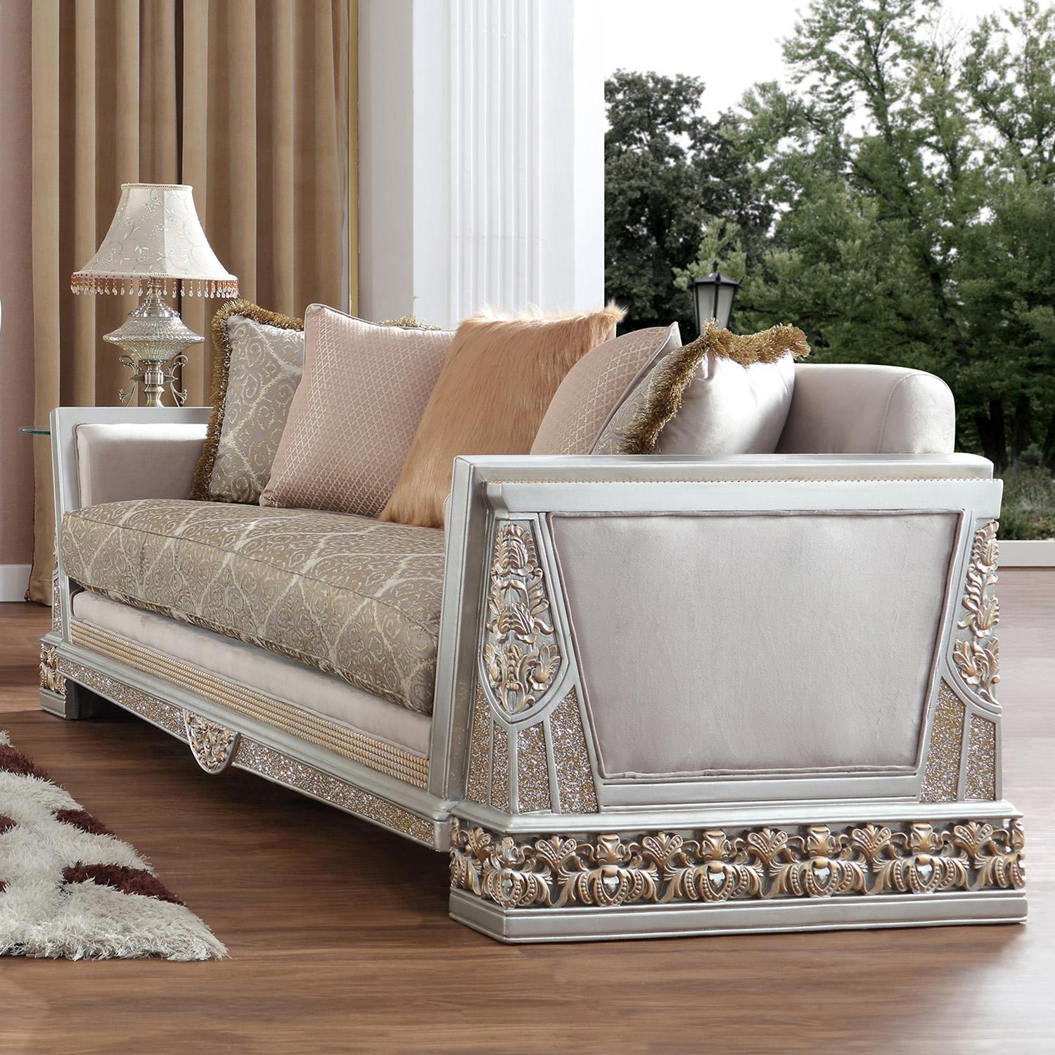 

    
Silver Finish Beige Pearl Fabric Sofa Set 2Pcs Traditional Homey Design HD-6034
