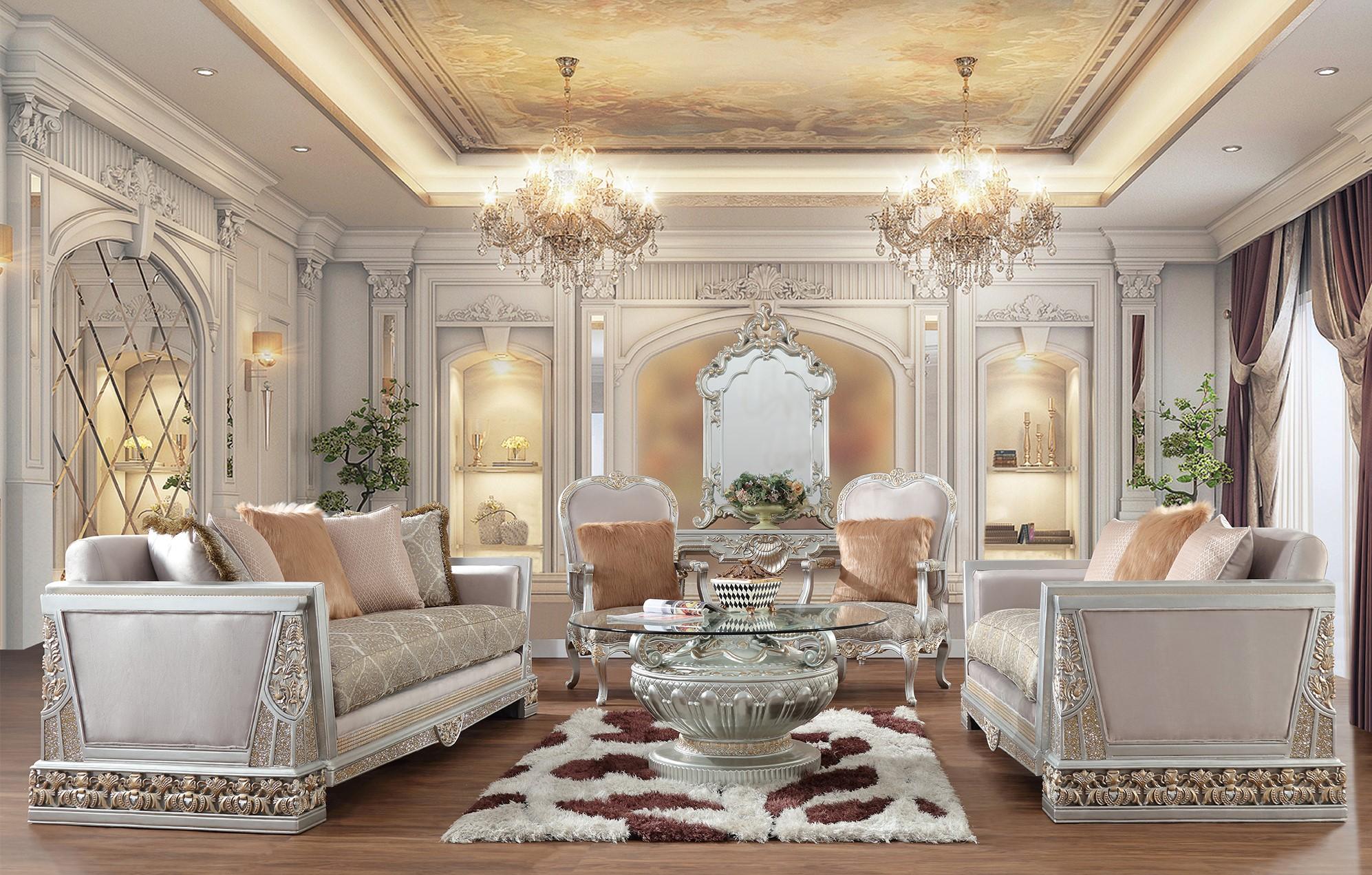 

    
Silver Finish Beige Pearl Fabric Sofa Set w/Coffee Table 4Pcs Traditional Homey Design HD-6034
