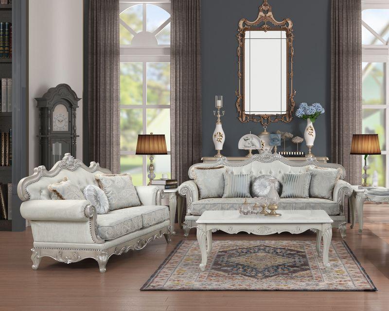 Traditional Sofa Set Tuscan 698781316443-2PC in Silver Fabric