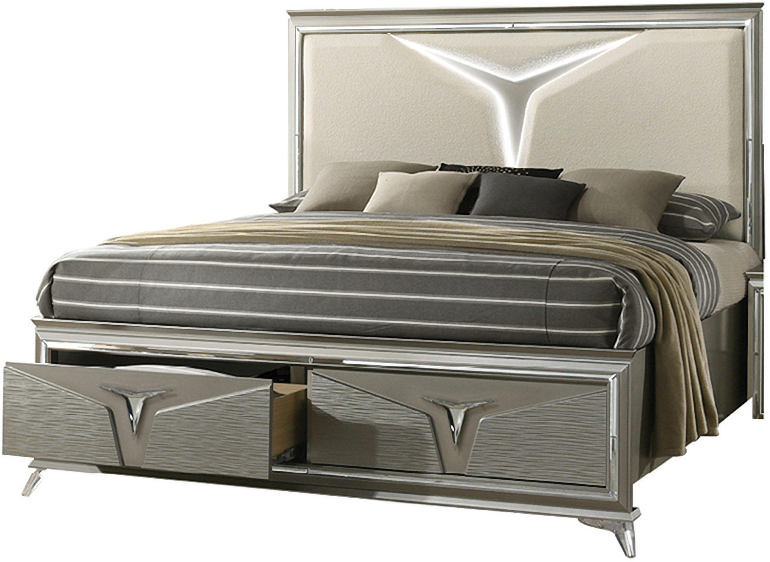 

    
Silver Finish LED headboard King Bedroom Set 4Pcs Samantha Galaxy Home Modern
