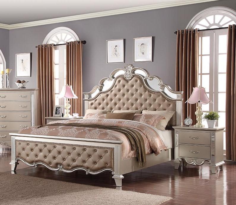 Contemporary Panel Bedroom Set Sonia Sonia-K-Set-3 in Silver, Gray Faux Leather
