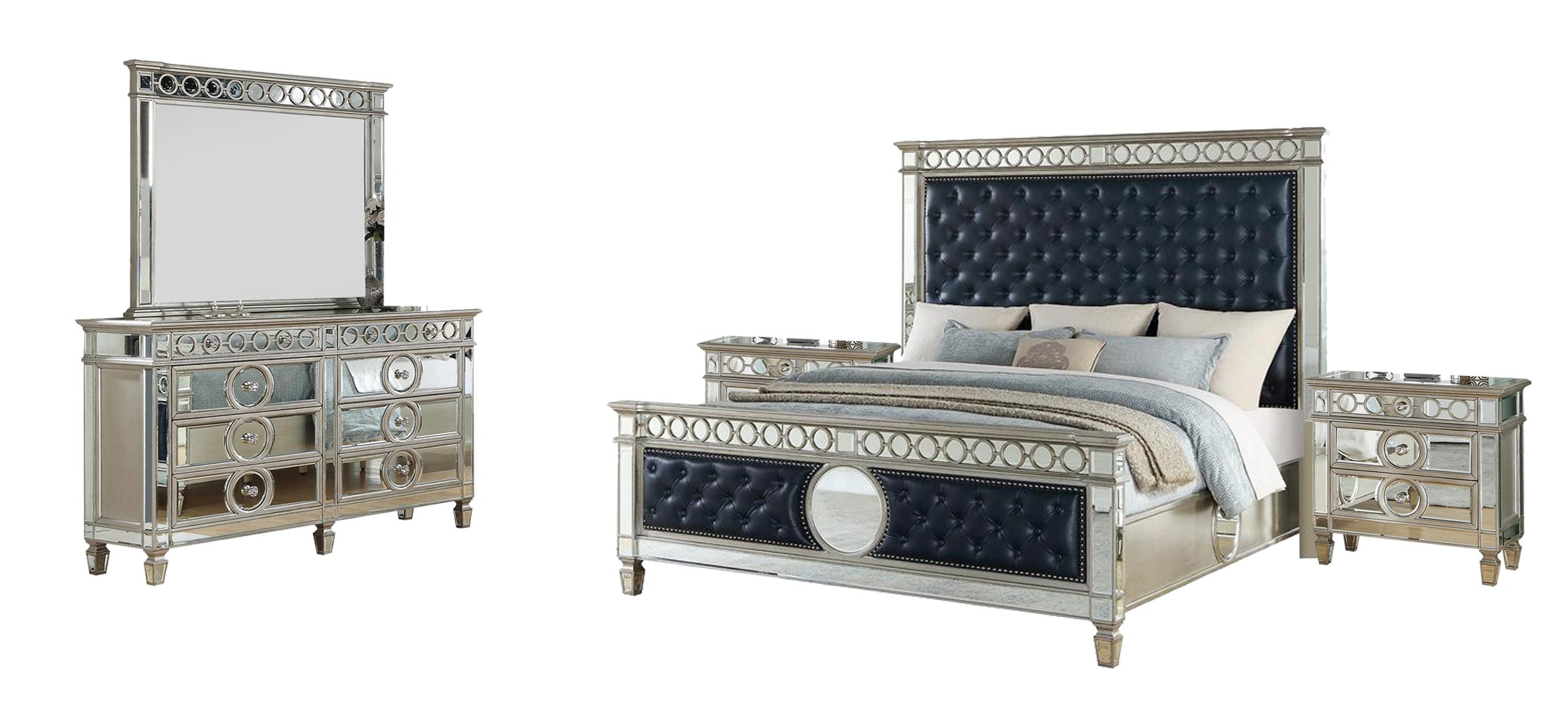 Contemporary Panel Bedroom Set Brooklyn Brooklyn-K-Set-5 in Navy, Silver Faux Leather