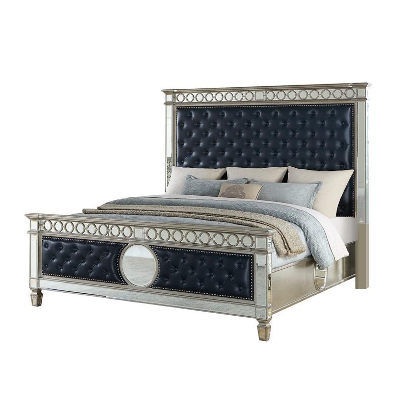 Contemporary Panel Bed Brooklyn Brooklyn-K-Bed in Navy, Silver Faux Leather