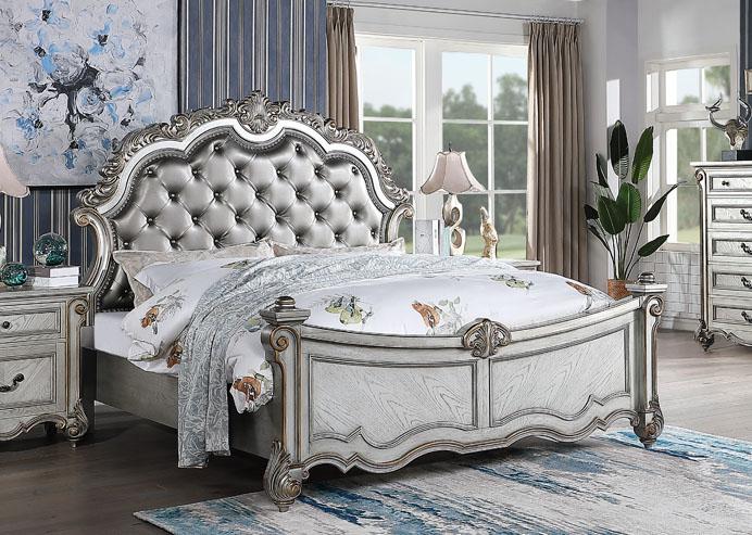 

    
Silver Finish Wood King Panel Bed Transitional Cosmos Furniture Melrose
