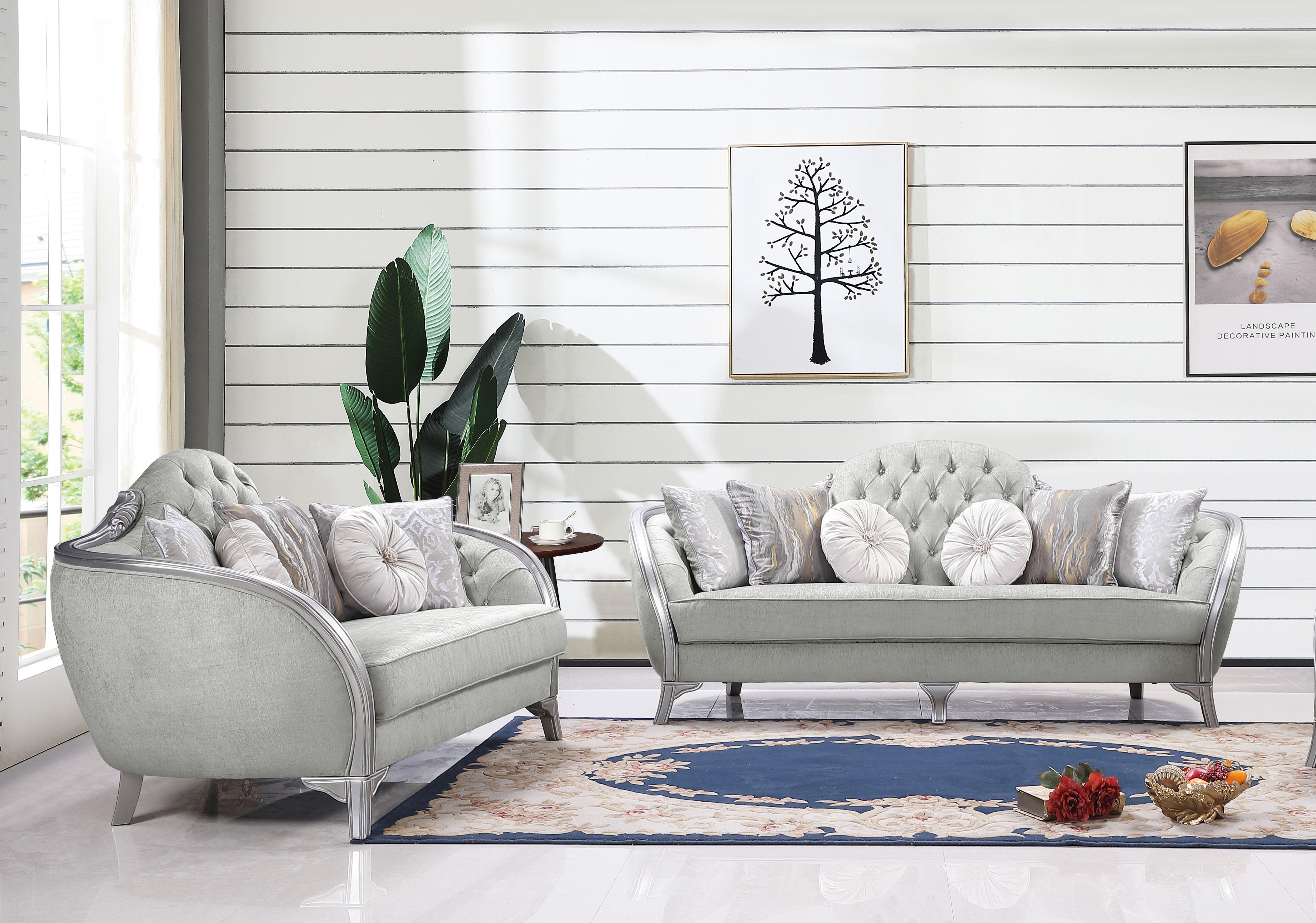 

    
Silver Gray Finish Wood Sofa Set 2Pcs Transitional Cosmos Furniture Natalia

