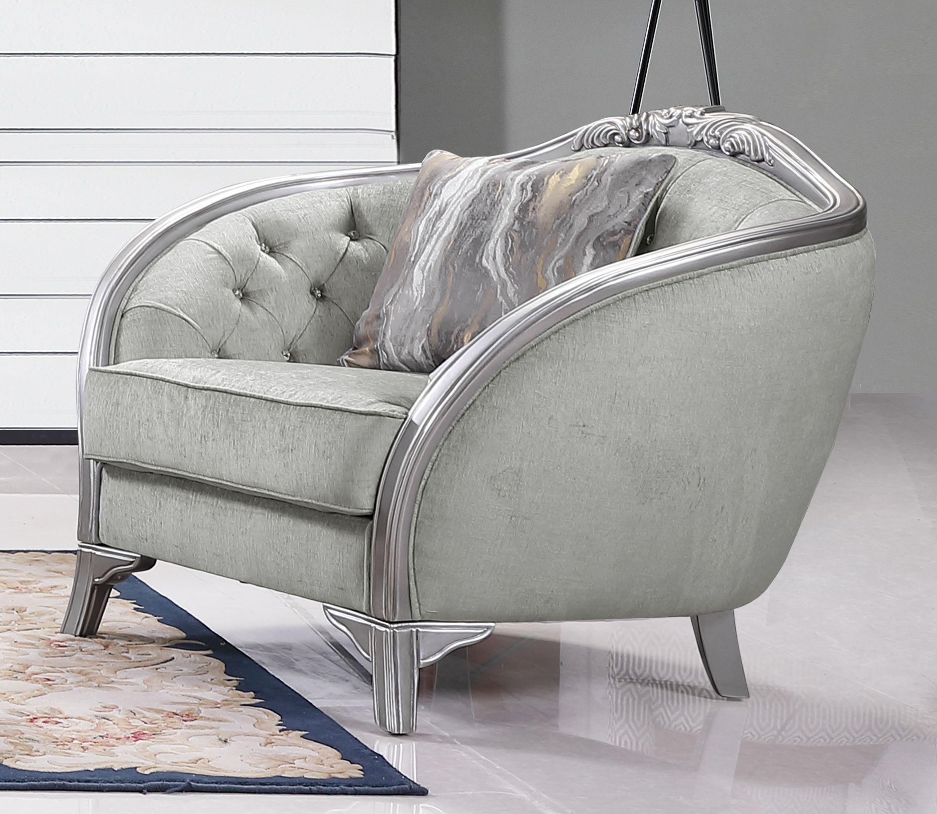 

        
Cosmos Furniture Natalia Sofa Loveseat and Chair Set Silver Fabric 810053743591
