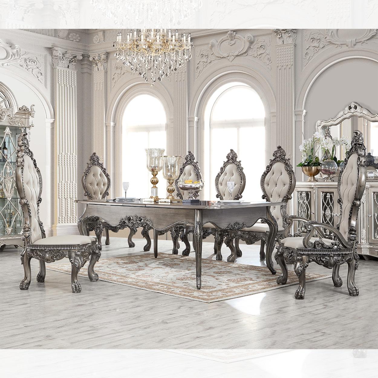 Traditional Dining Table Set HD-13012-GR HD-13012GR-DTSET7 in Silver, Gray Bonded Leather