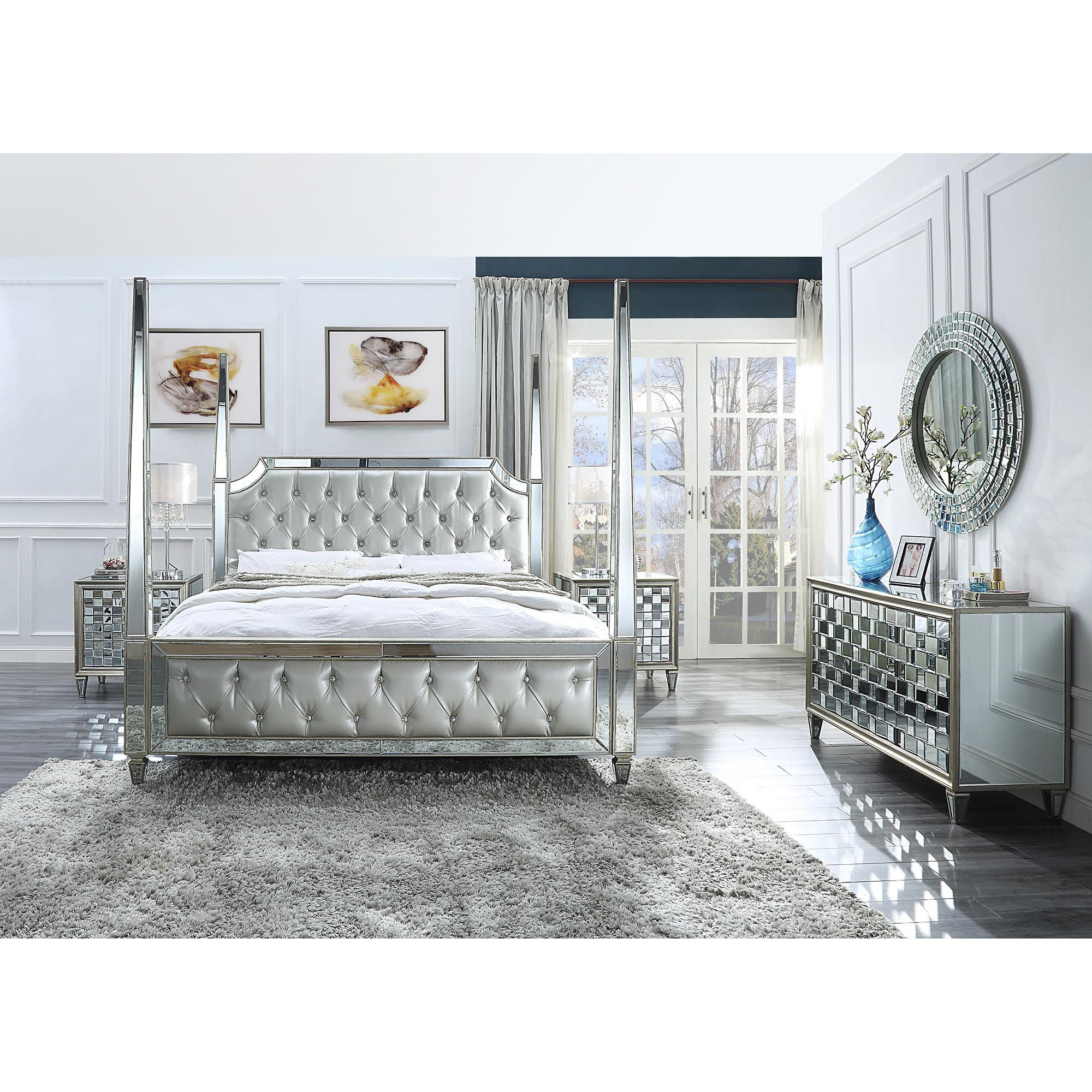 Modern Canopy Bedroom Set HD-6001 HD-CK6001-5PC-BEDROOM in Mirrored, Silver Faux Leather