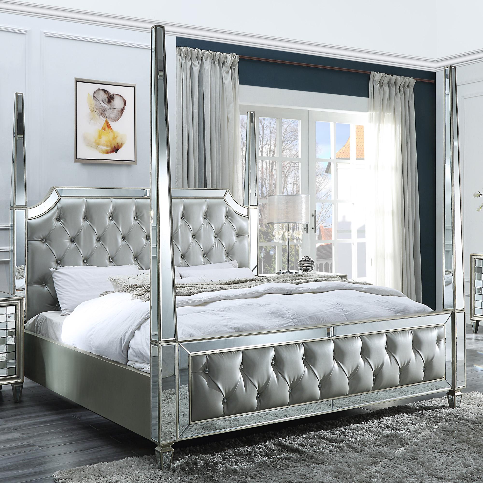 Modern Canopy Bed HD-6001 HD-EK6001 in Mirrored, Silver Faux Leather