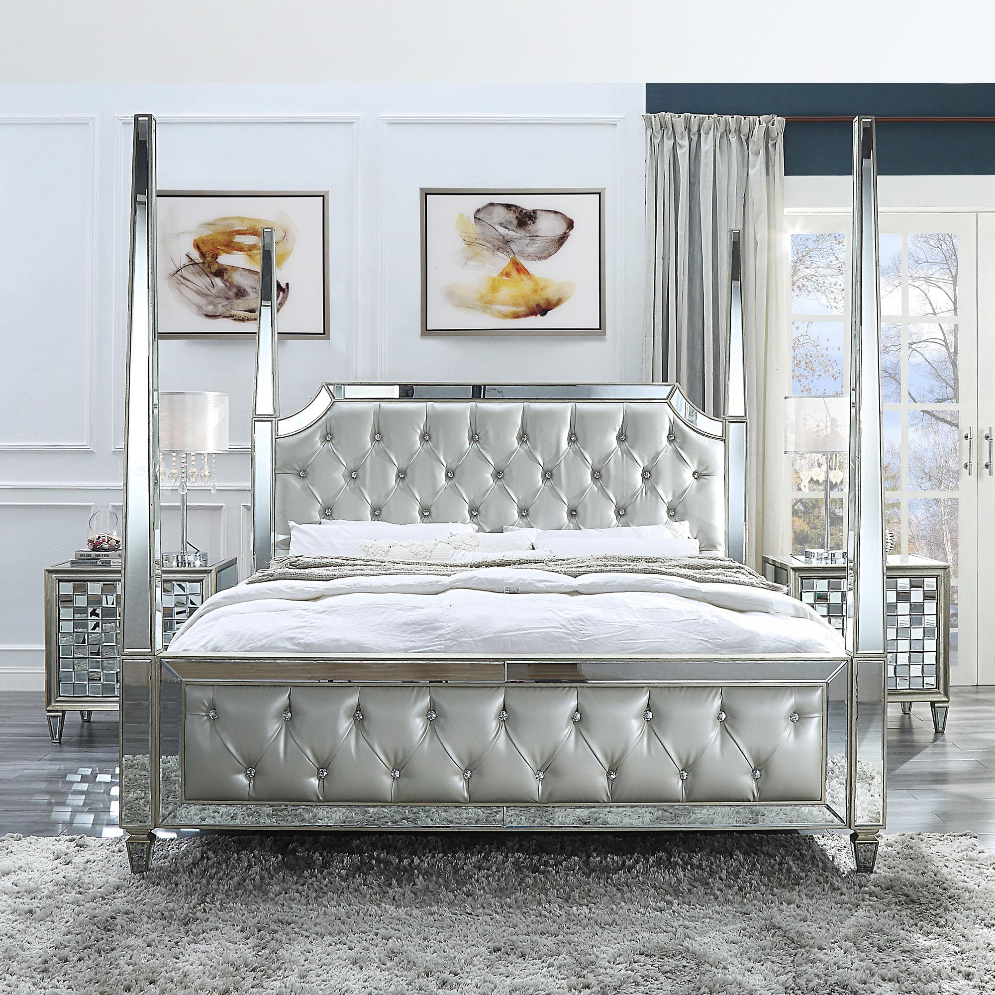Modern Canopy Bedroom Set HD-6001 HD-EK6001-3PC in Mirrored, Silver Faux Leather