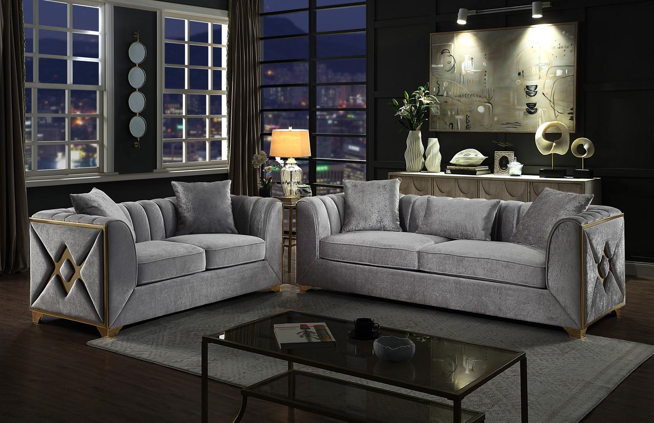 Contemporary, Modern Sofa Set Velencia 601955552509-2PC in Silver Velvet