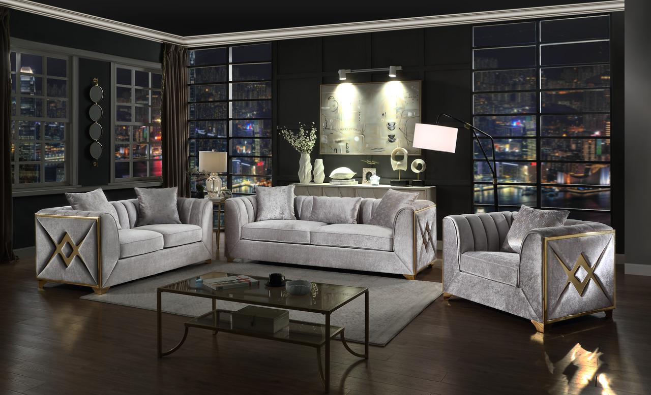 Contemporary, Modern Sofa Set Velencia 601955552516-3PC in Silver Velvet