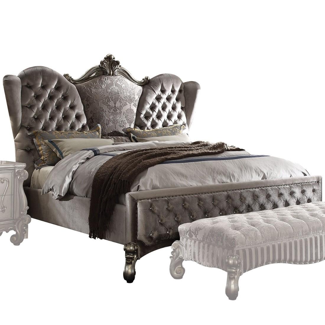 Classic, Traditional Panel Bed Versailles-26820Q Versailles-26820Q in Platinum, Antique, Silver Velvet