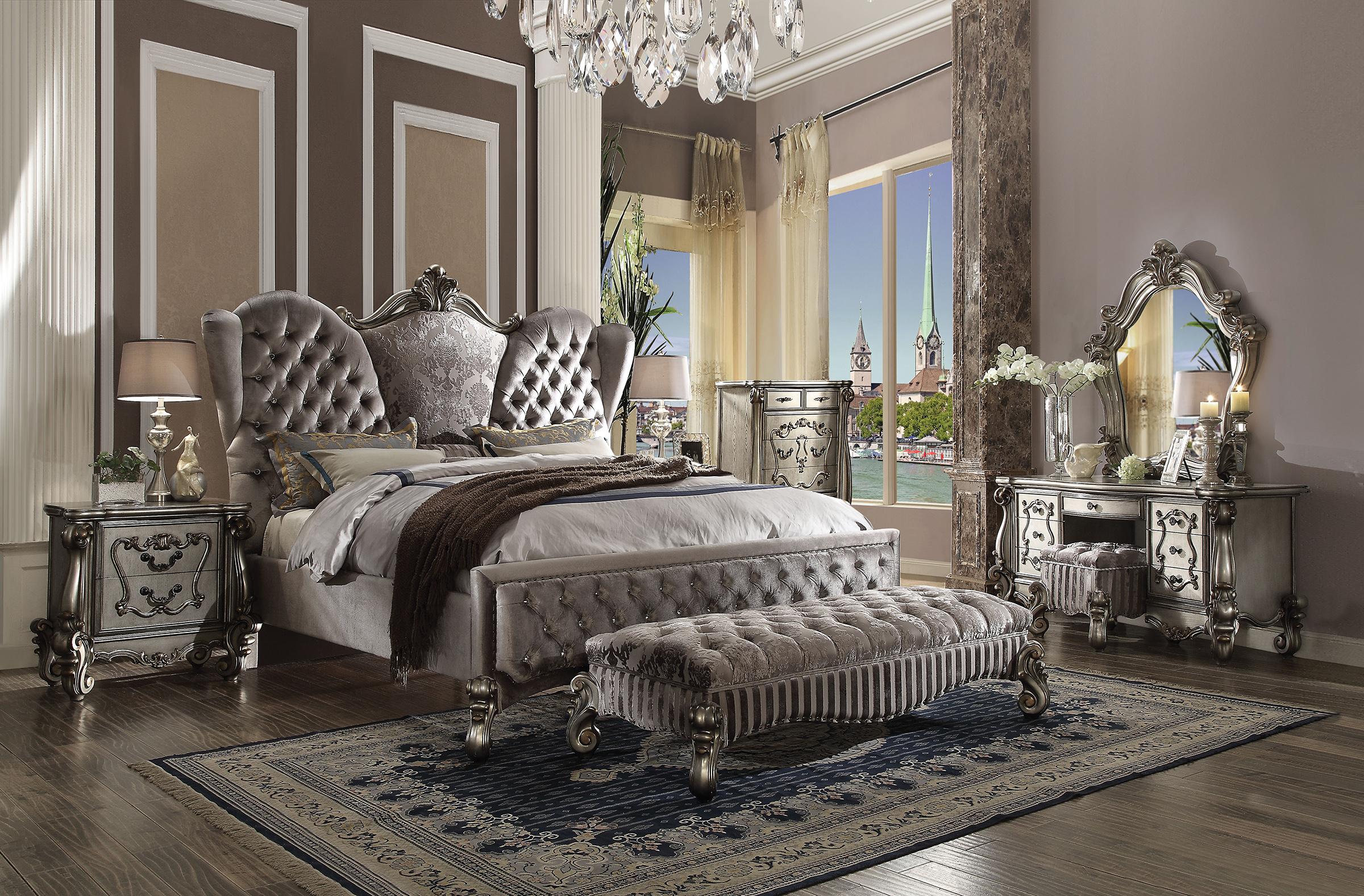 Classic, Traditional Panel Bedroom Set Versailles-26820Q Versailles-26820Q-Set-3 in Platinum, Antique, Silver Velvet