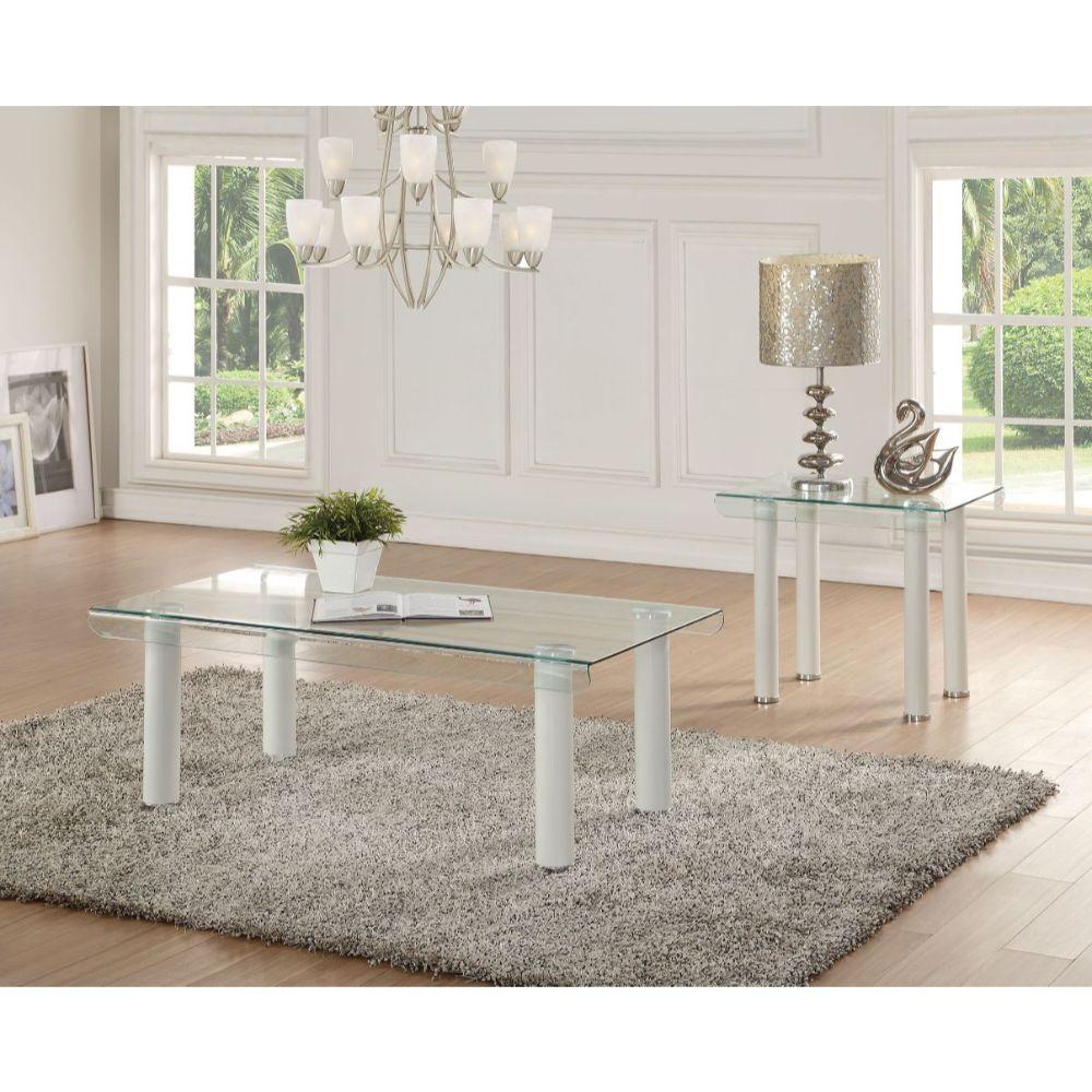 

    
Simple White & Clear Glass Coffee Table + 2 End Tables by Acme Gordie 83680-3pcs
