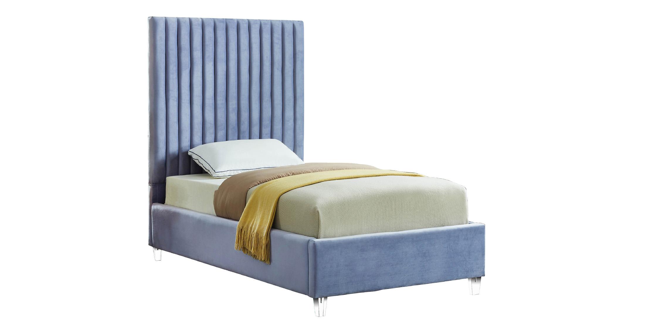 

    
Sky Blue Velvet Channel Tufted Platform Twin Bed Candace Meridian Contemporary
