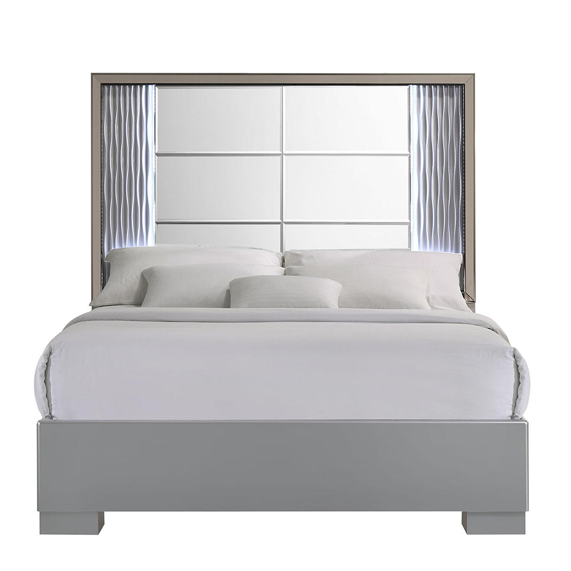 Contemporary Platform Bed SKYLINE SKYLINE-SILVER-KB in Mirrored, Silver 